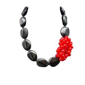 Black & Red Statement Beaded Necklace 19-22" Chunky Geometric